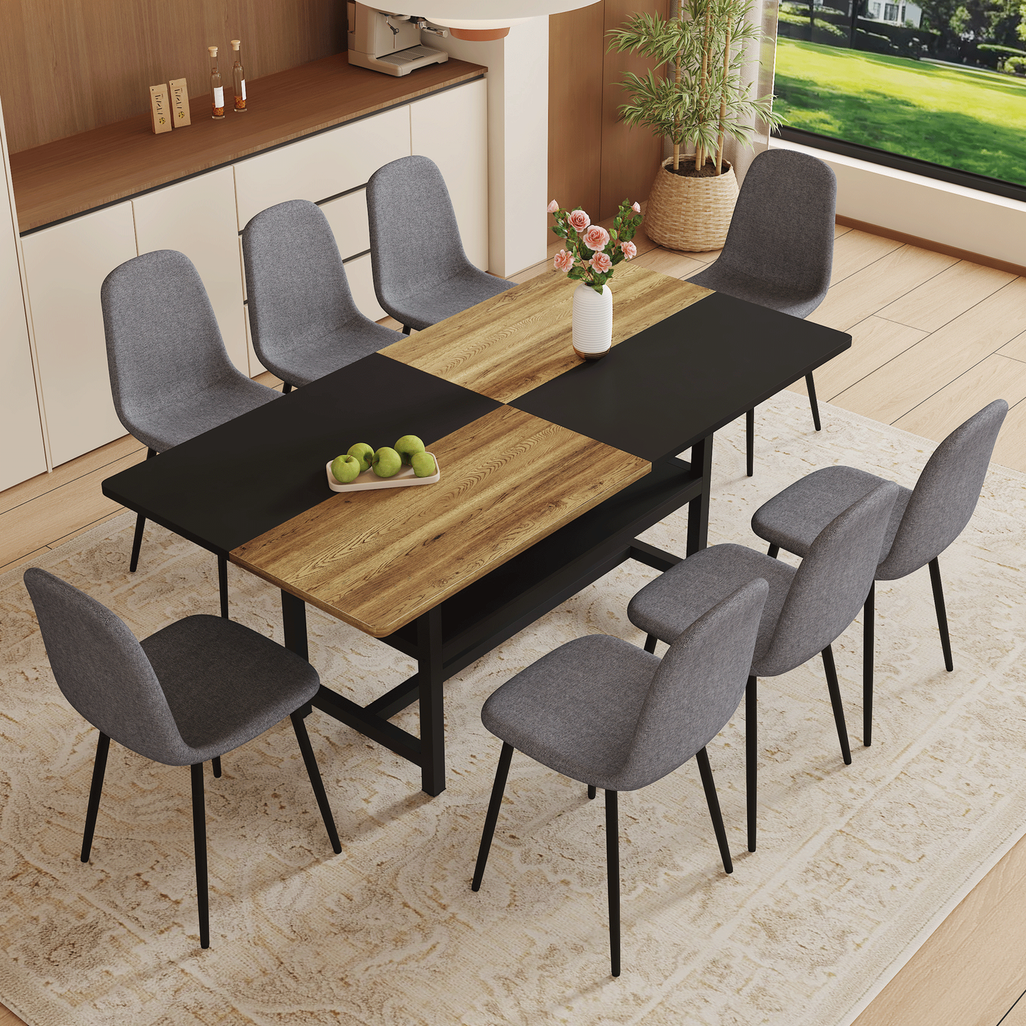 Table and chair set.71*35.4 inch Wooden And Black Spliced Dining Table With Storage Function In The Middle Of The Table Legs.Paired With 8 Chairs Made Of Dark Gray Lnen Fabric.Iron pipe spraying Legs.