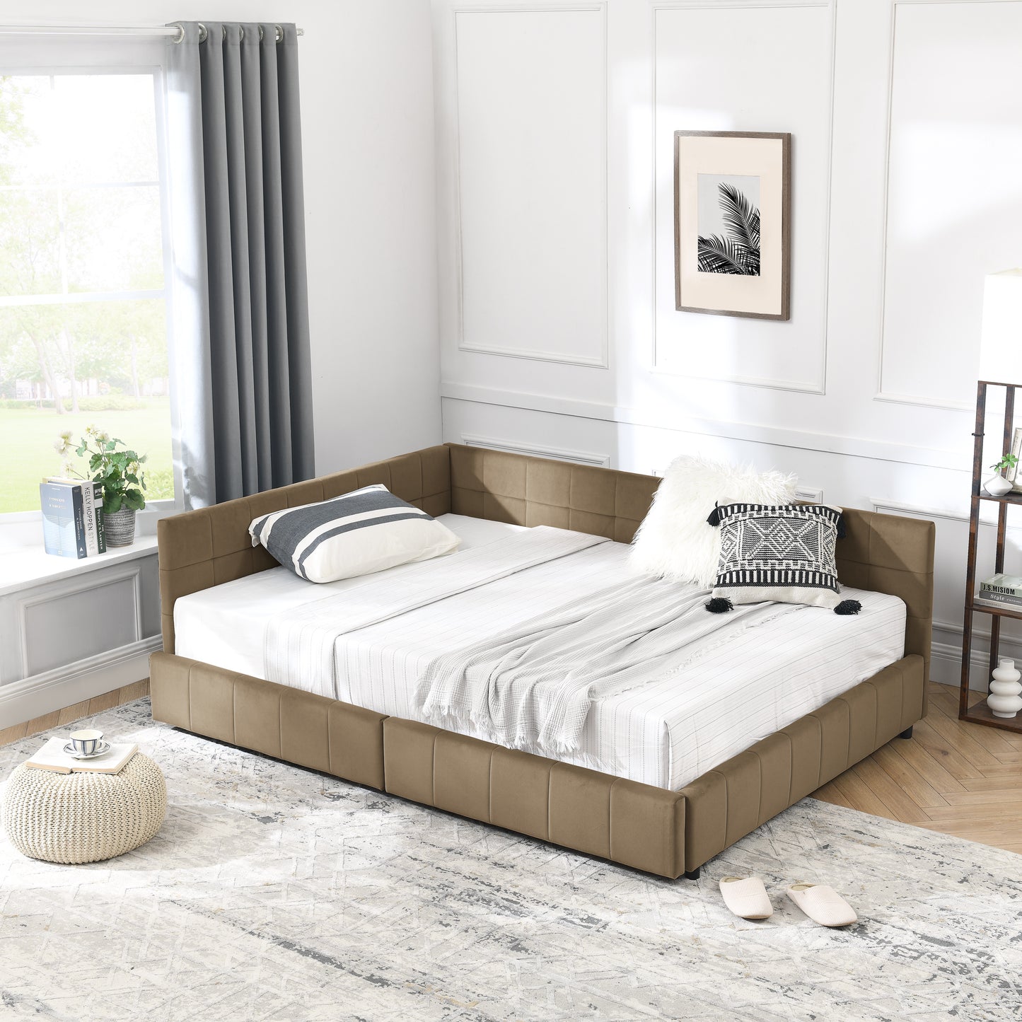 Full Size Storage Upholstered Tufted Bed Frame, Sofa Bed Frame with Comfortable Backrest and Armrests, Full Size Bed for Bedroom, Living Room,Velvet, BROWN(80.5''*59''*29.5'')