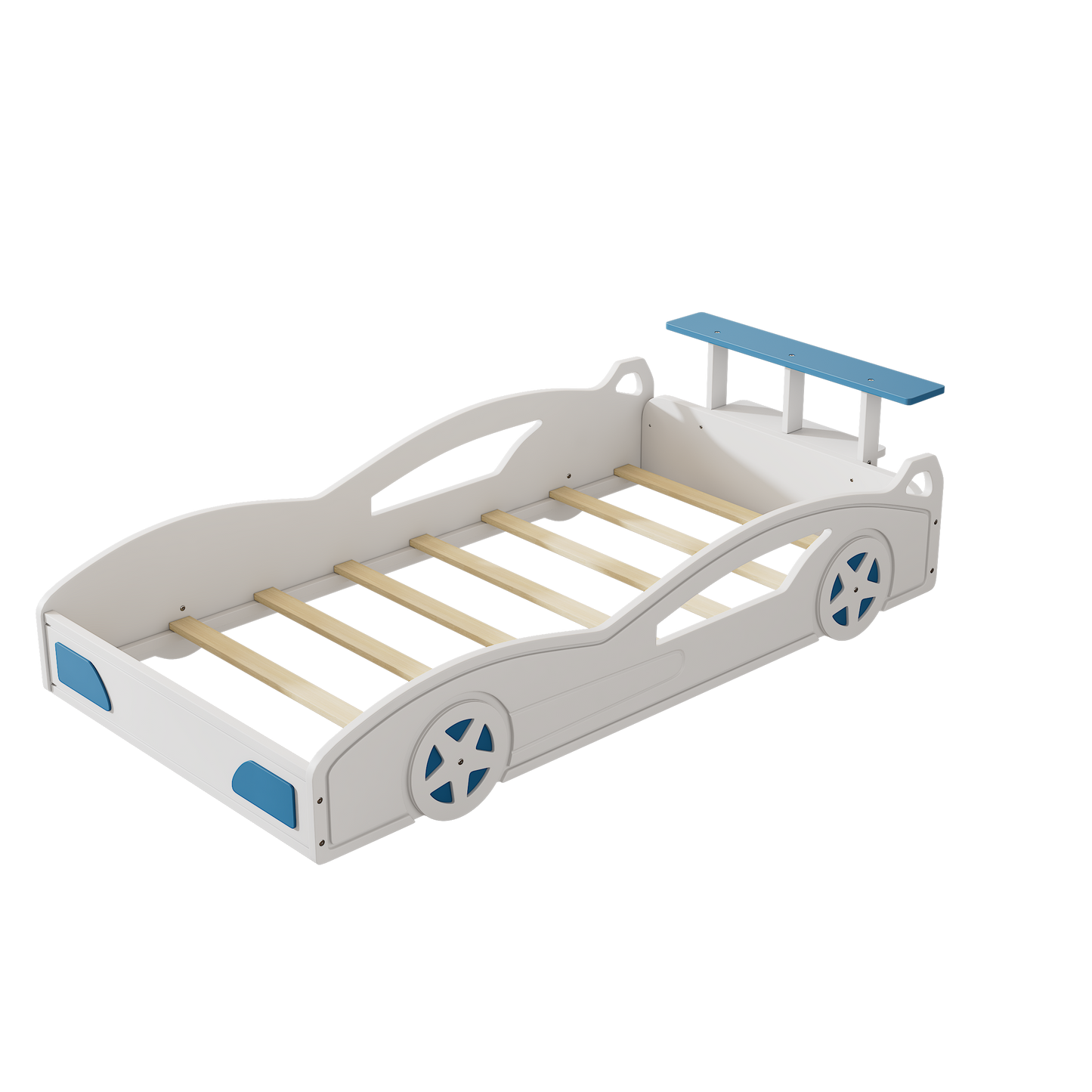 Wooden Race Car Bed,Car-Shaped Platform Twin Bed with Wheels For Teens,White & Blue