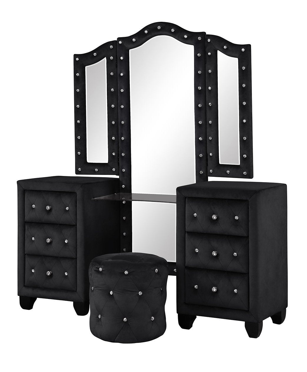 Modern Style Crystal Tufted Upholstery 6-Drawer Vanity Set with Stool, finished with Velvet Fabric made with Wood in Black