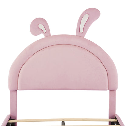 Twin size Upholstered Rabbit-Shape Bed with 2 Storage Stools, Velvet Platform Bed with Cartoon Ears Shaped Headboard, Pink