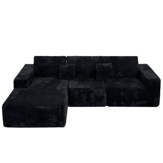 Modern Cloud Sectional Sofa with L-Shape Chaise, Deep Seat Upholstered Couch in Black Plush Corduroy, 112.99' Modular Design, No Assembly Required