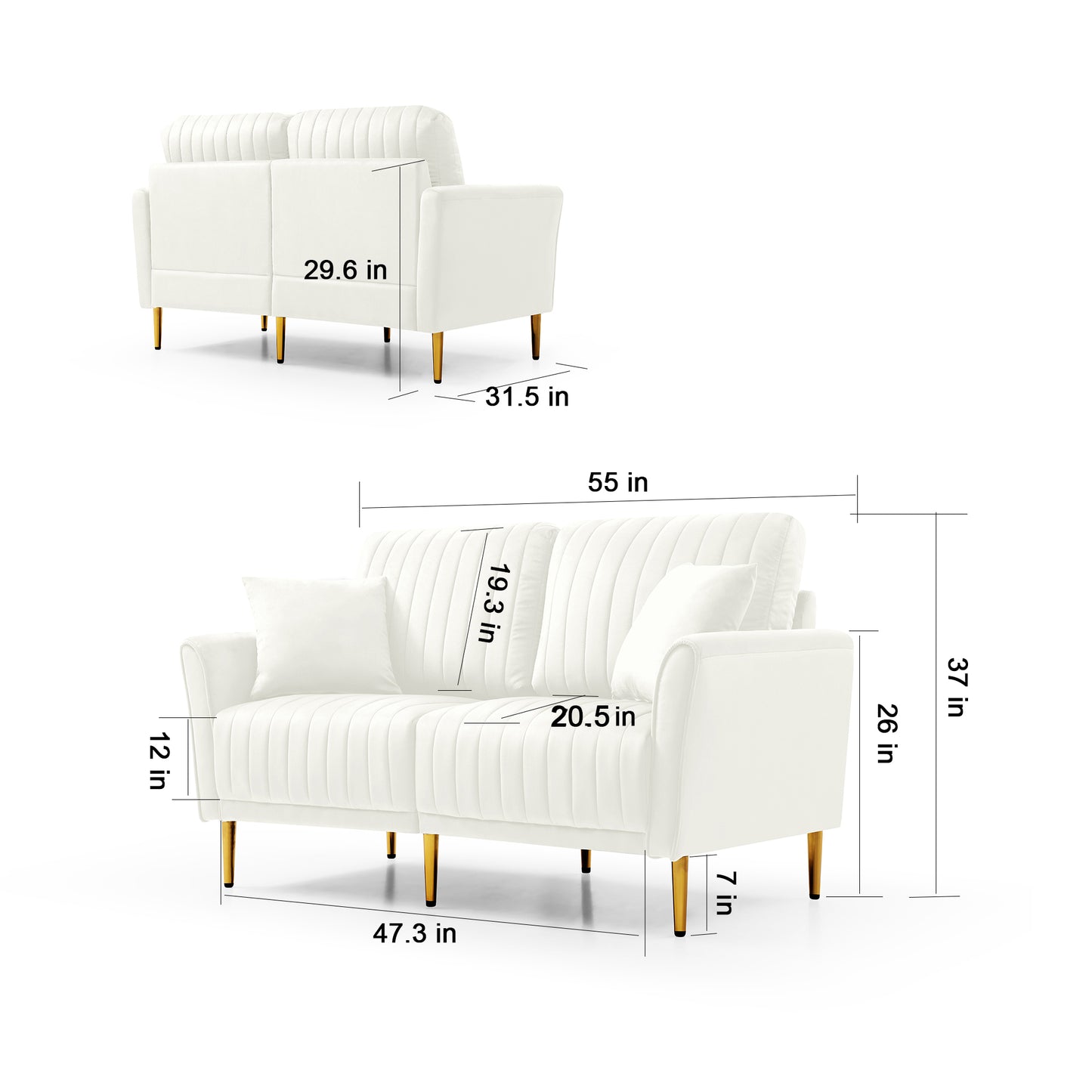 Set of 2 Couches 2-Piece Cream Velvet Upholstered Living Room Sofa Set, Including 2-Seater Sofa and Loveseat with Four Throw Pillows and Metal legs