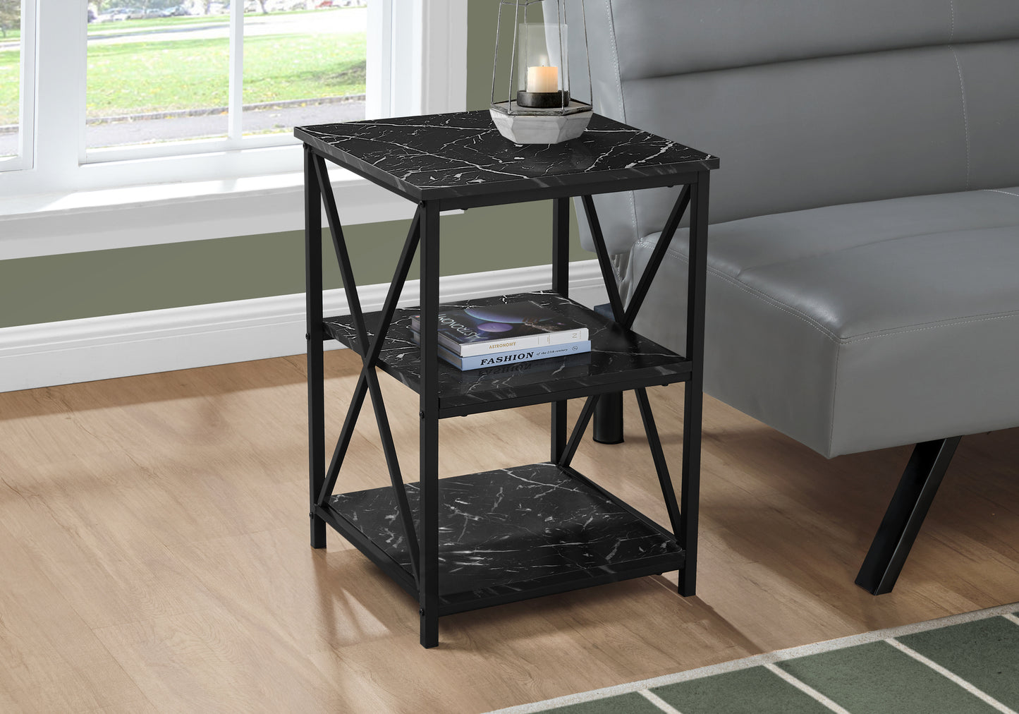 Accent Table, Side, End, Nightstand, Lamp, Living Room, Bedroom, Black Marble Look Laminate, Black Metal, Contemporary, Modern