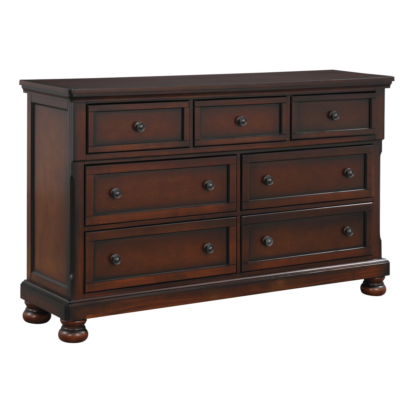 Classic Transitional Dresser of 7 Drawers Brown Cherry Finish Birch Veneer Hidden Drawer Bun Feet Bedroom Traditional Furniture