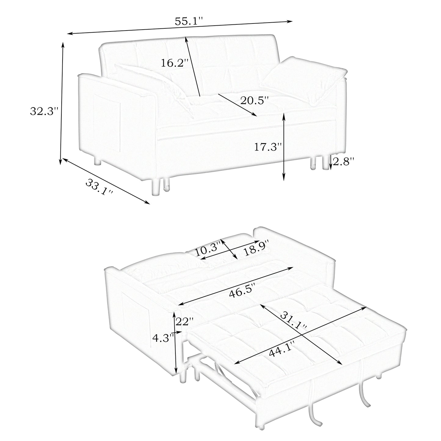 Modern velvet sofa, sofa pull-out bed, small love seat casual sofa with back, with pillow, pockets, living room furniture, 3 in 1 convertible sleep sofa bed.