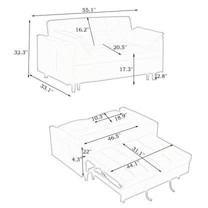 Modern velvet sofa, sofa pull-out bed, small love seat casual sofa with back, with pillow, pockets, living room furniture, 3 in 1 convertible sleep sofa bed.