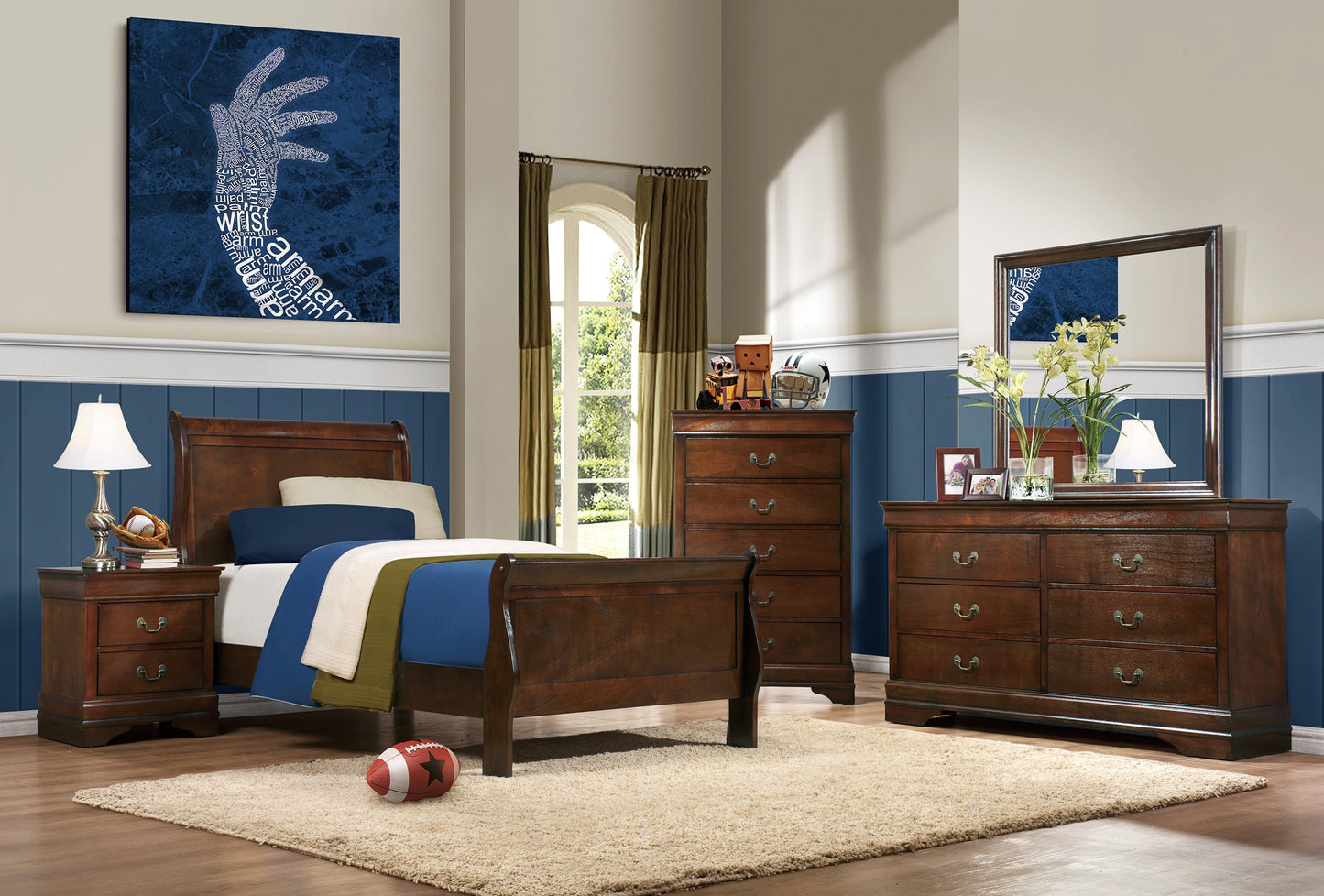 Classic Louis Philipe Style Twin Size Bed Brown Cherry Finish 1pc Traditional Design Bedroom Furniture Sleigh Bed