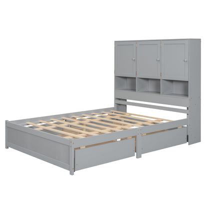 Queen Size Platform Bed with Storage Headboard and 4 Drawers, Gray