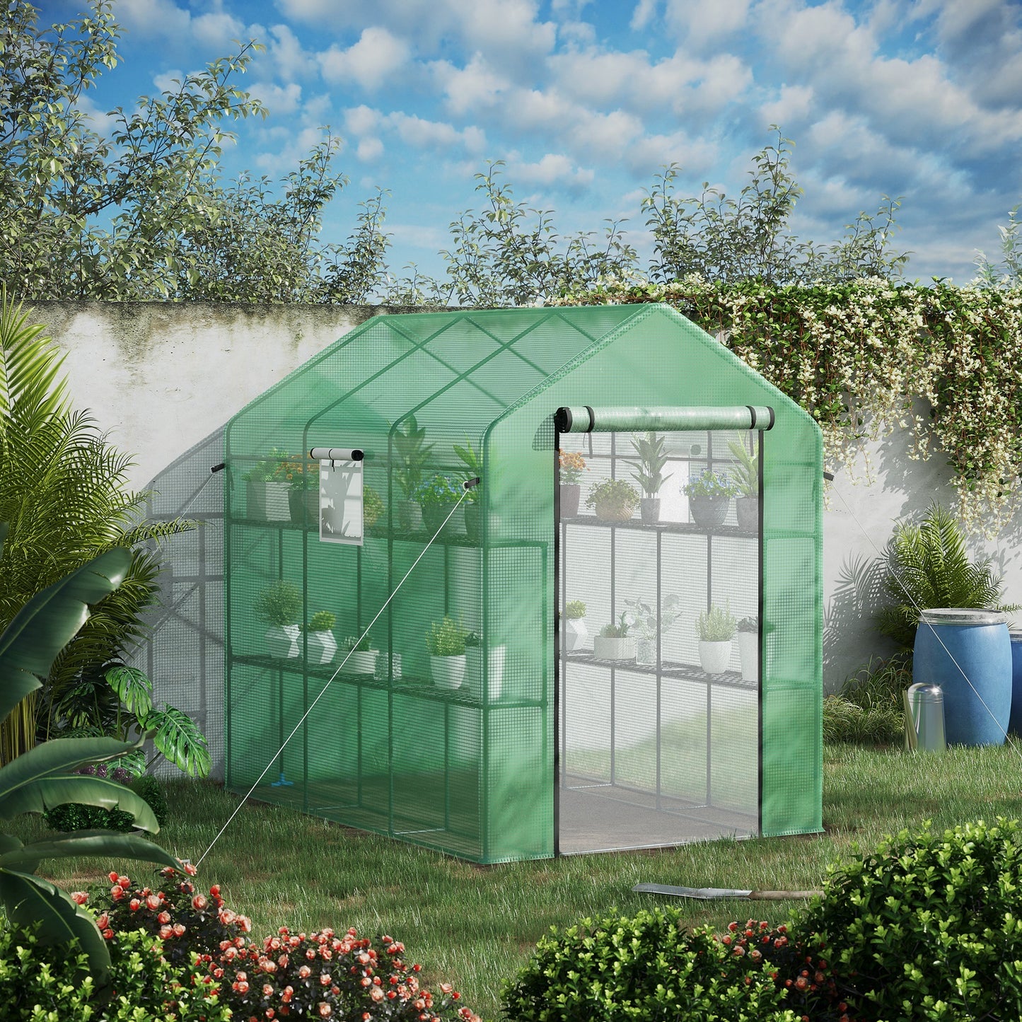 Outsunny 7' x 5' x 6' Walk-in Greenhouse with Mesh Door and Windows, 18 Shelf Hot House with Trellis, Plant Labels, UV protective for Growing Flowers, Herbs, Vegetables, Saplings, Green