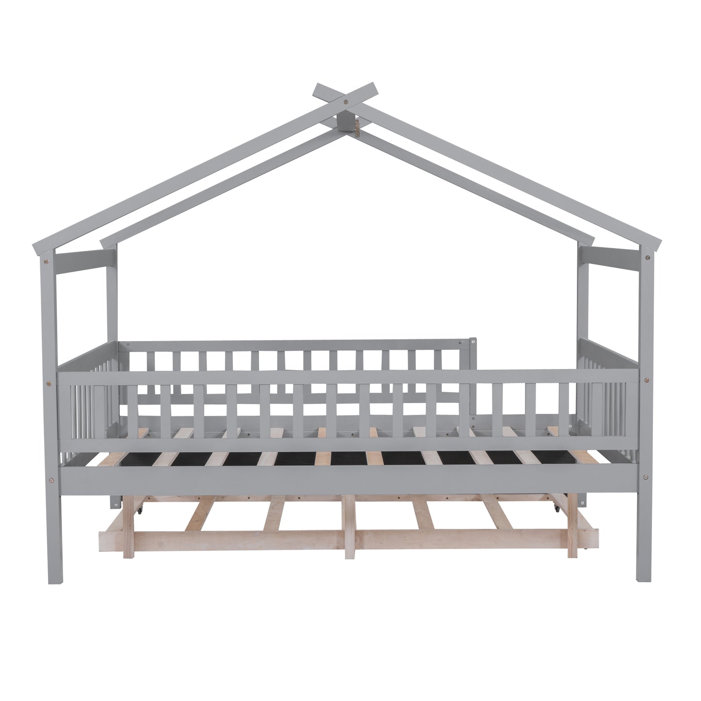 Full Size Wooden House Bed with Twin Size Trundle, Gray