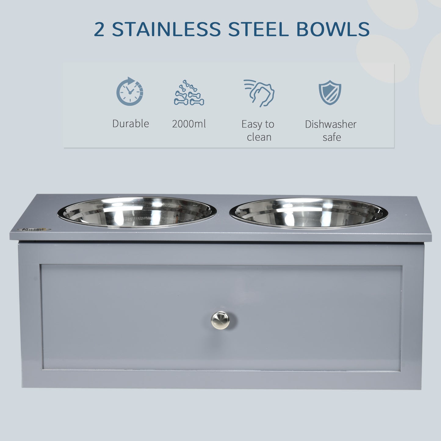 PawHut Elevated Dog Bowls, Raised Dog Bowl Stand with Storage, 2 Stainless Steel Bowls, Pet Feeding Station for Medium Dogs, Indoor Use, 23.6" x 11.8" x 9.4", Gray