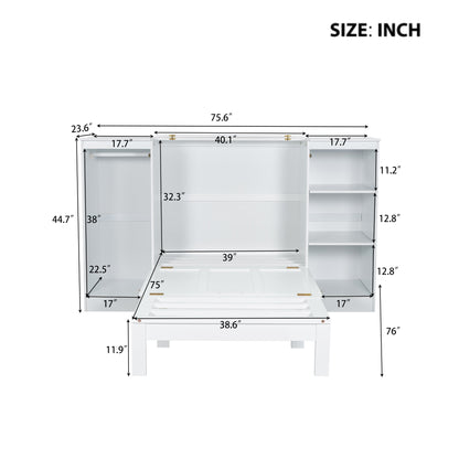 Twin Size Murphy Bed with Bedside Shelves and Wardrobe, White