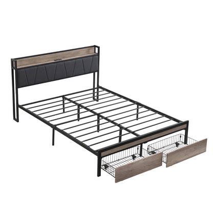 Queen Size  Metal Platform Bed Frame with upholstery storage function Headboard   and USB LINER  and Footboard with drawers , No Box Spring Needed, Large Under Bed Storage, Easy Assemble