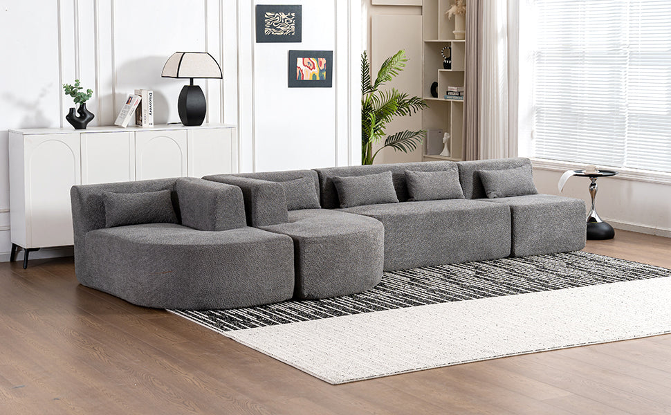 143.7" Upholstered Sofa Free-combined Sofa Couch with Two Chaise Lounge and Five Back Pillows for Living Room, Light Gray