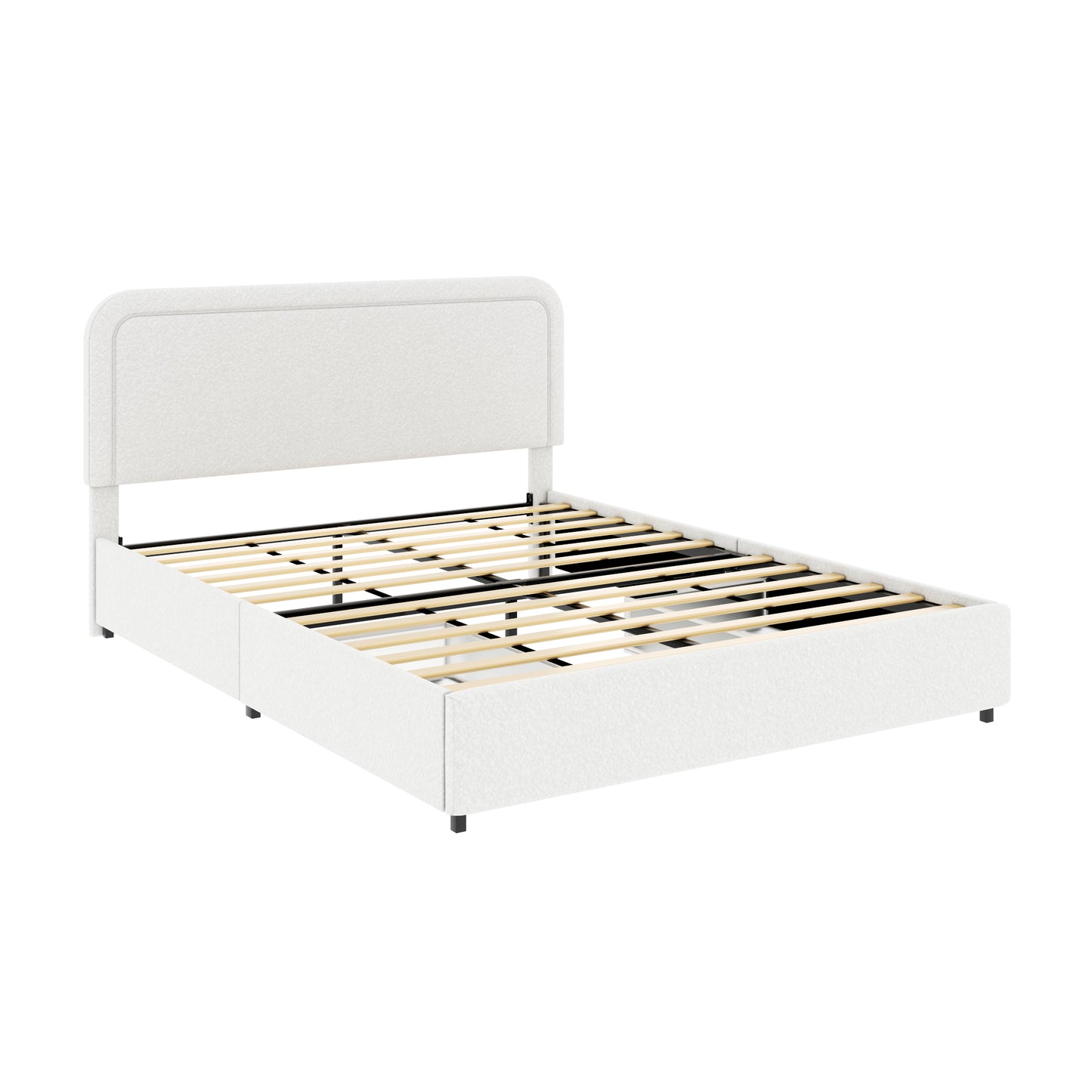 Liv Patented 2-Drawers Storage Bed Queen Size Ivory Boucle Upholstered Platform Bed, Curved Stitched Tufted Headboard, Wooden Slat Mattress Support, No Box Spring Needed