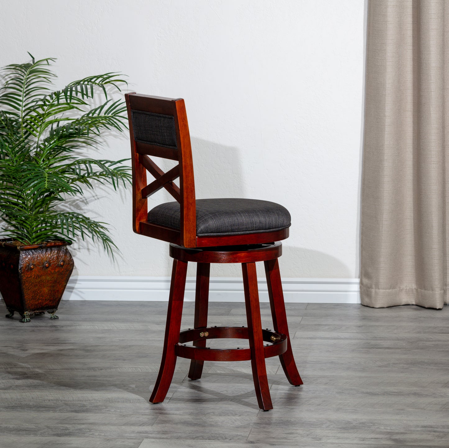 30" Bar Height X-Back Swivel Stool, Stool, Cherry Finish, Charcoal Fabric Seat