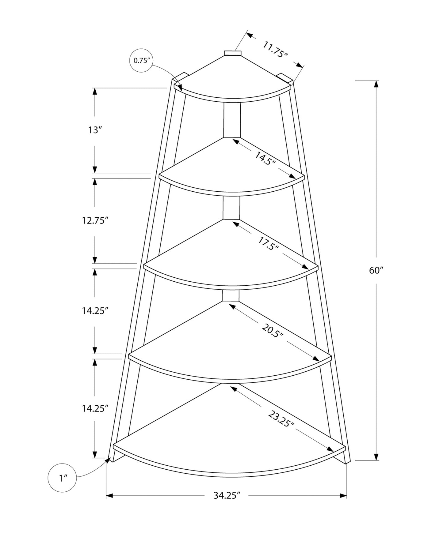 Bookshelf, Bookcase, Etagere, Corner, 4 Tier, 60"h, Office, Bedroom, Brown Laminate, Contemporary, Modern