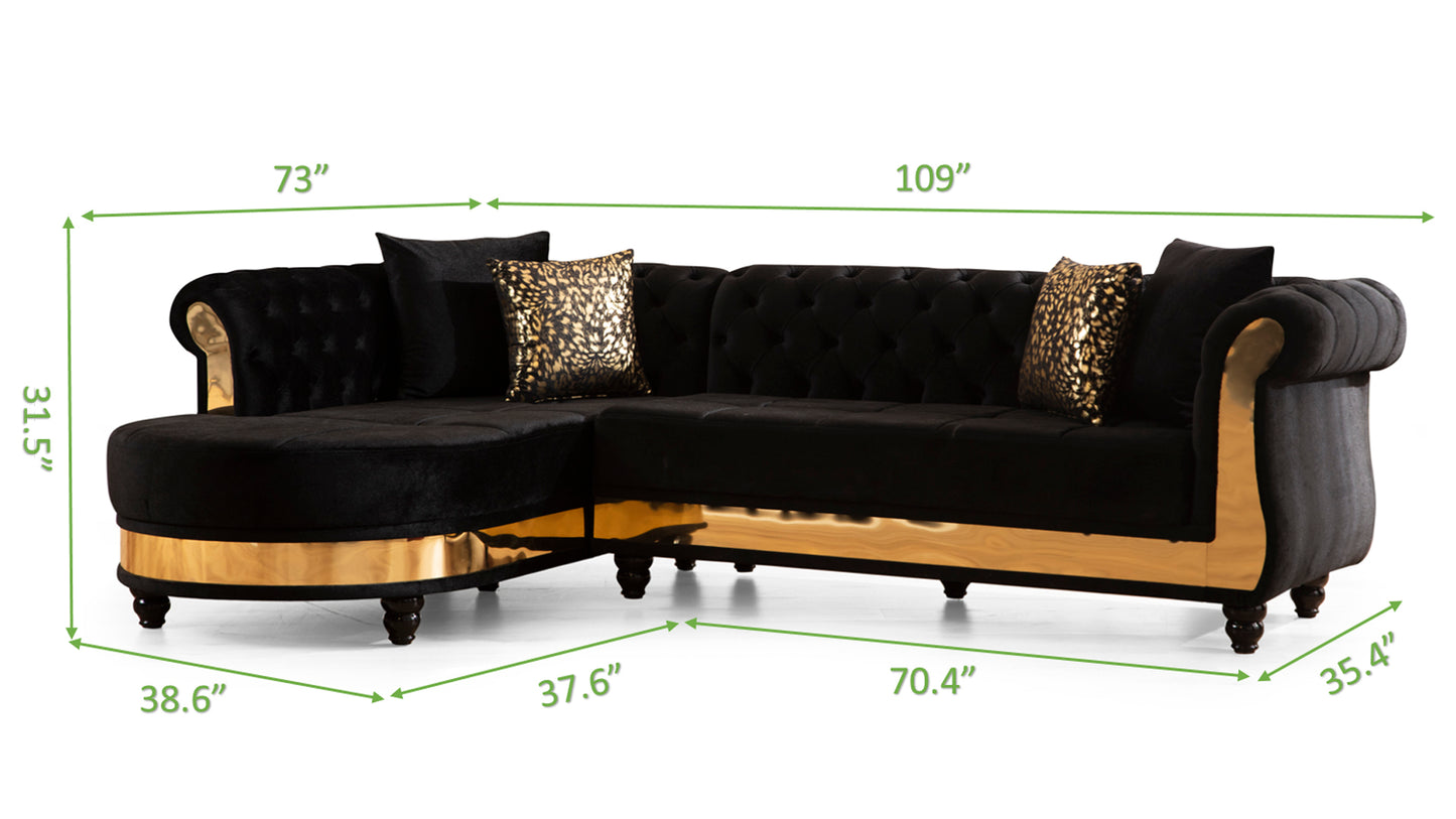 Gold Detailed Tufted Upholstery Sectional made with Wood In Black