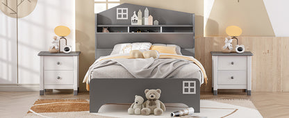 Wooden Twin Size House Bed with Storage Headboard ,Kids Bed with Storage Shelf,Grey