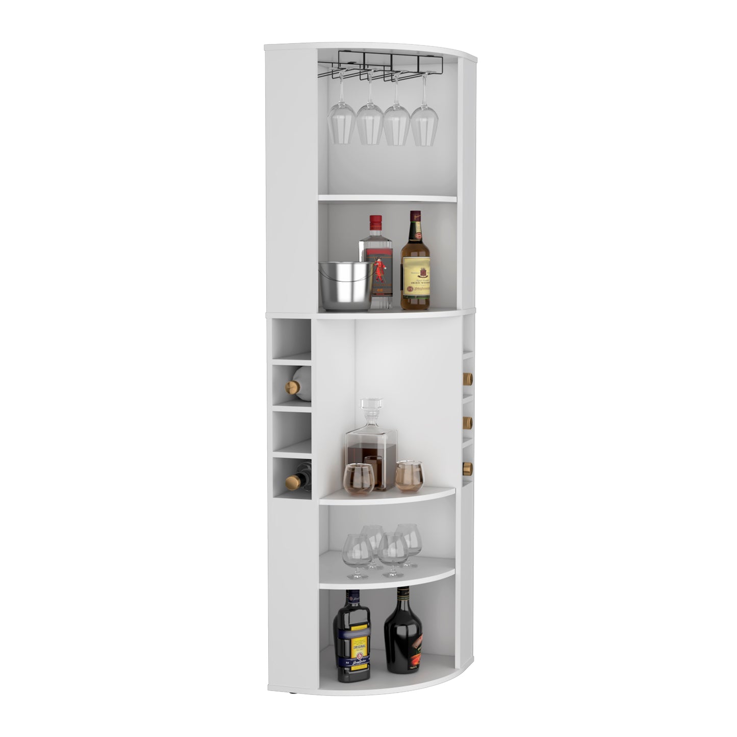 Oban Corner Bar Cabinet with Five Shelves , Eight Bottle Cubbies and Steamware White