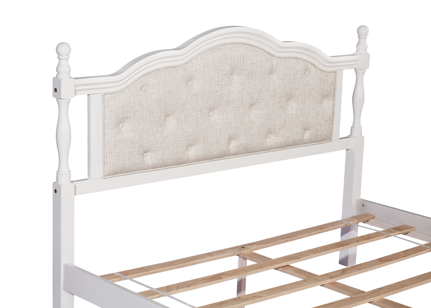 Queen Pine wooden Bed with Upholstered Headboard  and Panel Footboard, with  Two Bed Rail Support Feet and Central Platform Support Feet ,White