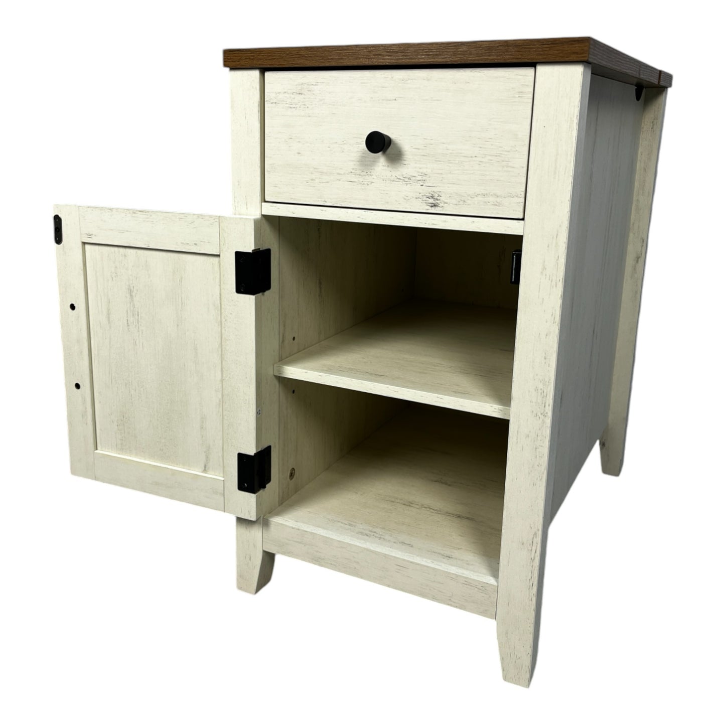 Farmhouse End Table with Charging Station,Night Stand with Barn Door and Drawer, Storage for Bedroom Living Room ,Bedside Table,  Bedside Table Brown+white color