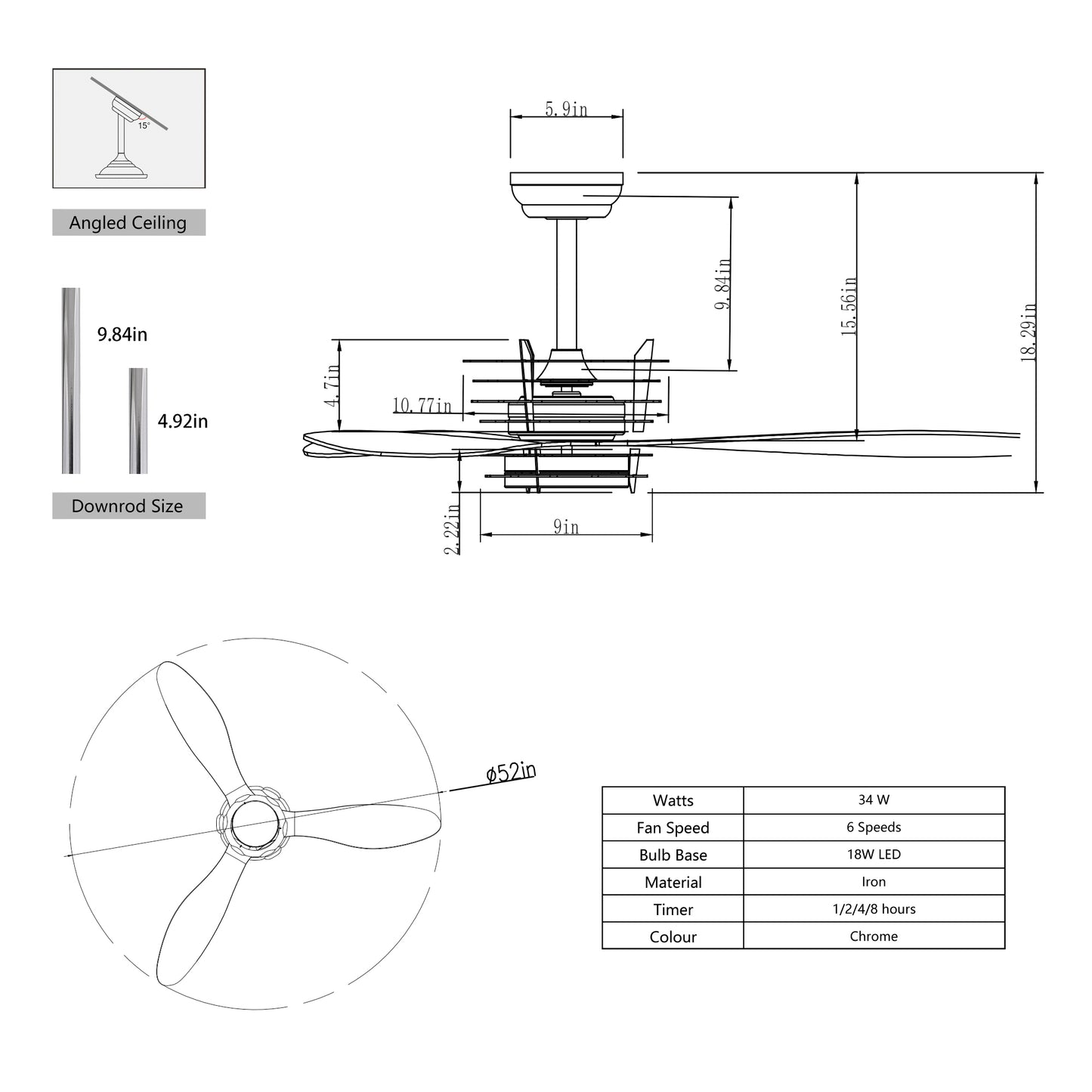 52'' ABS Blades Ceiling Fan with Lights and DC Remote, DC Motor Modern Ceiling Fan with 3 ABS Fan Blades & 2 Down Rods, Indoor Ceiling Fan with Light for Bedroom,Living room