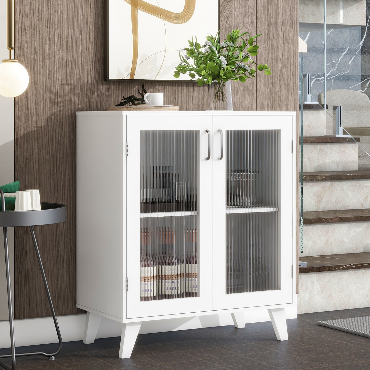 Modern Living Room Cabinet Storage Organizer with 2 Glass Doors and Adjustable Shelf White