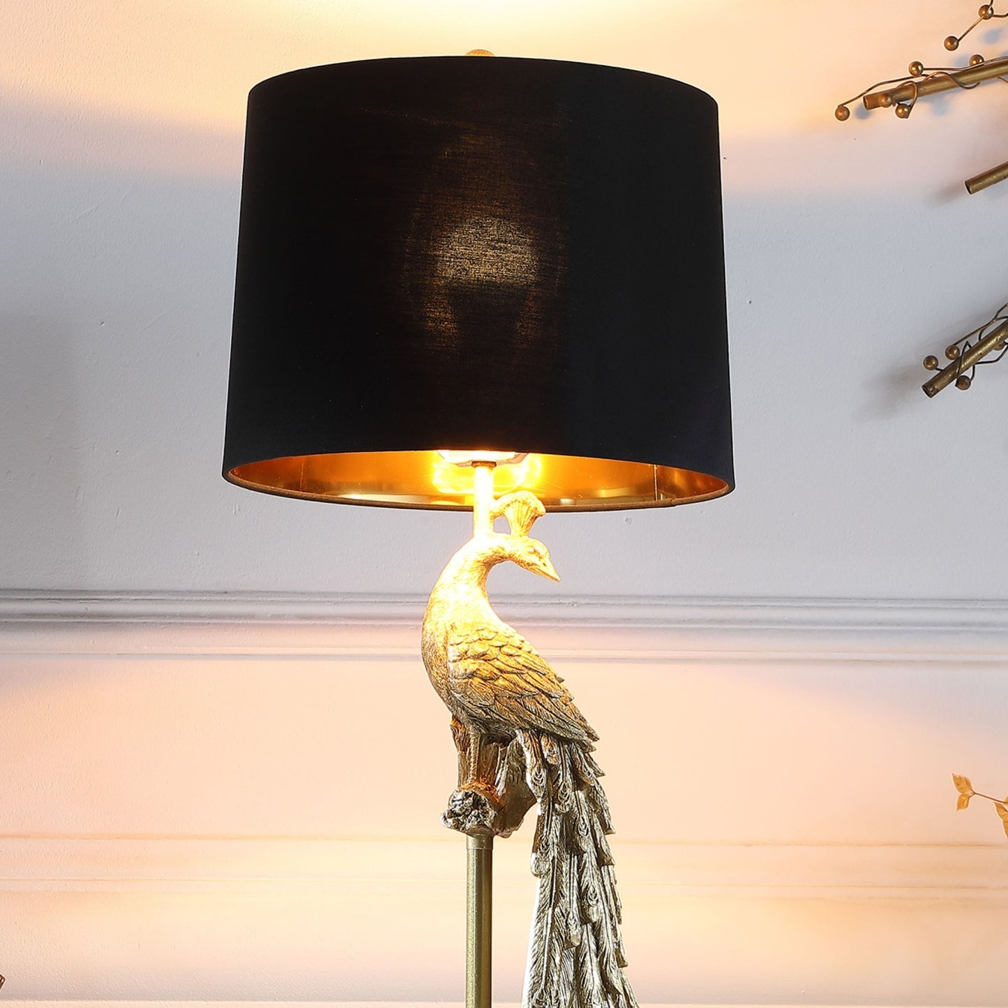 29" In Modern Elegance Golden Peacock On A Pedestal Polyresin Table Lamp