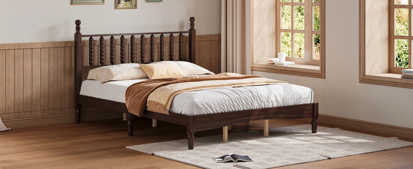 Queen Size Wood Platform Bed with Gourd Shaped Headboard,Retro Style Platform Bed with Wooden Slat Support,Walnut