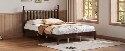 Queen Size Wood Platform Bed with Gourd Shaped Headboard,Retro Style Platform Bed with Wooden Slat Support,Walnut