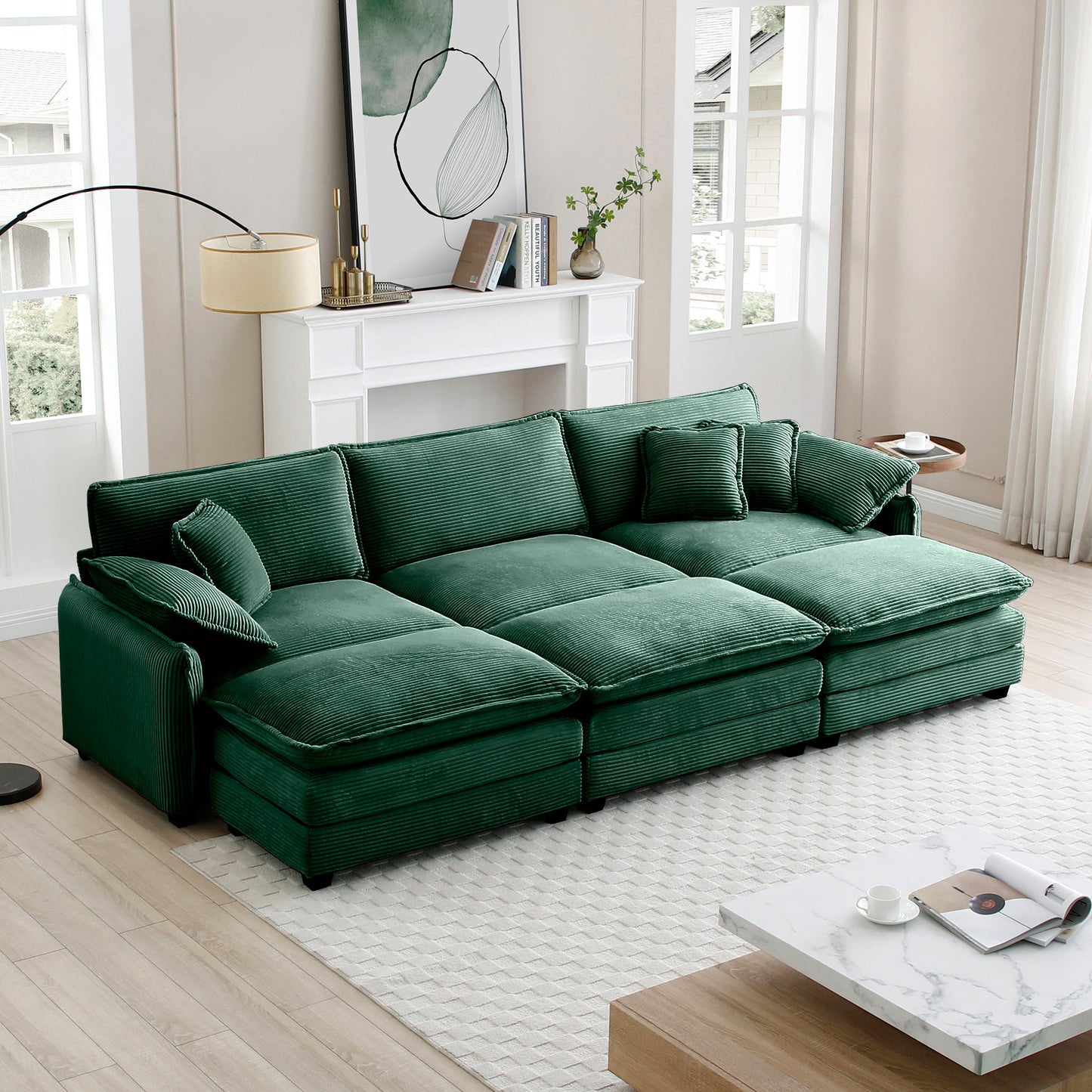 Oversized modular cushioned sofa,with 3 ottomans to work as sleeper sofa beds, 3-seater sofa with 3 footstools,Green corduroy fabric