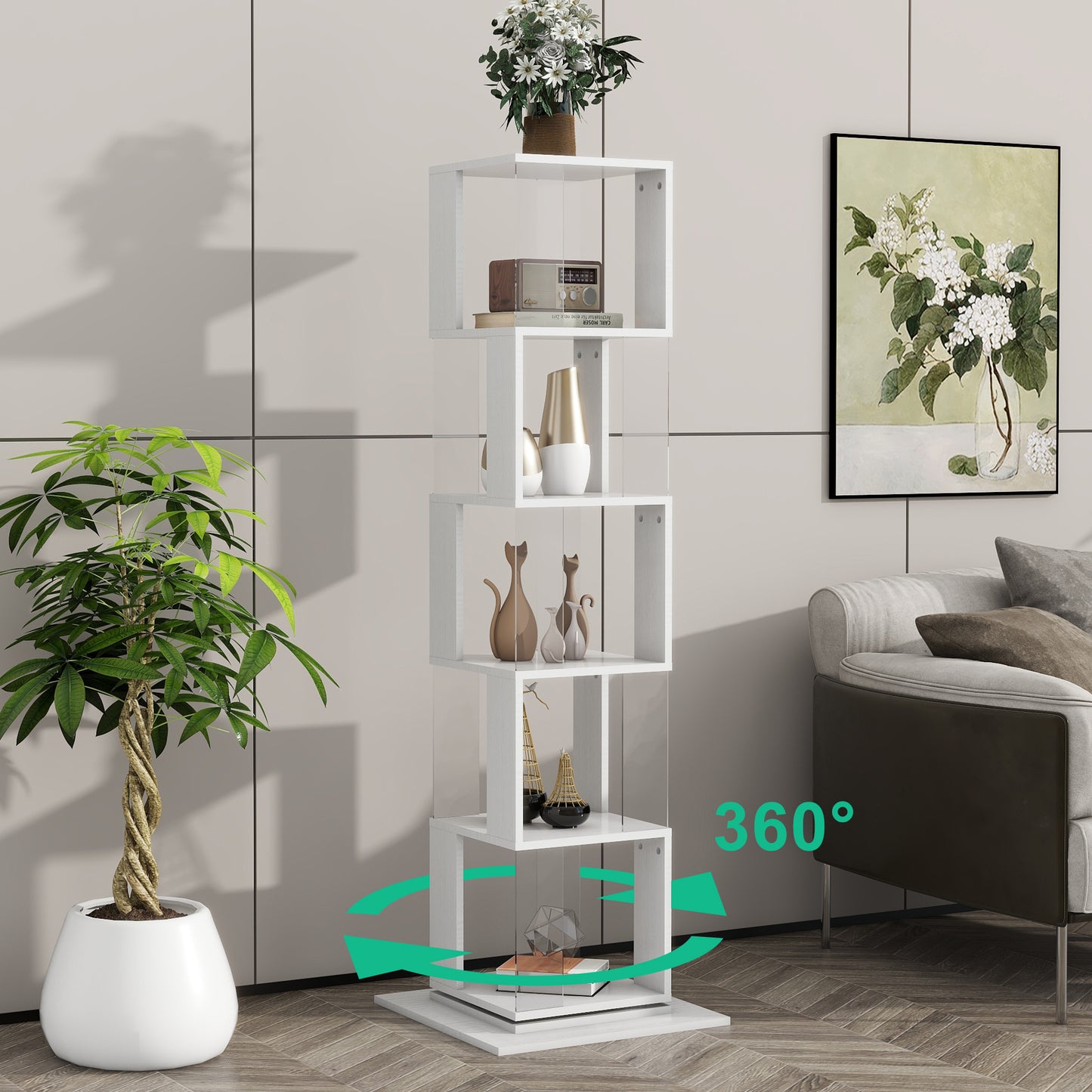 5 tier Rotating Bookshelf, Floor Rack Simple Bookcase  with Acrylic plate Student Multi-Function Creative Bookshelf for Living Room with anti-toppling base