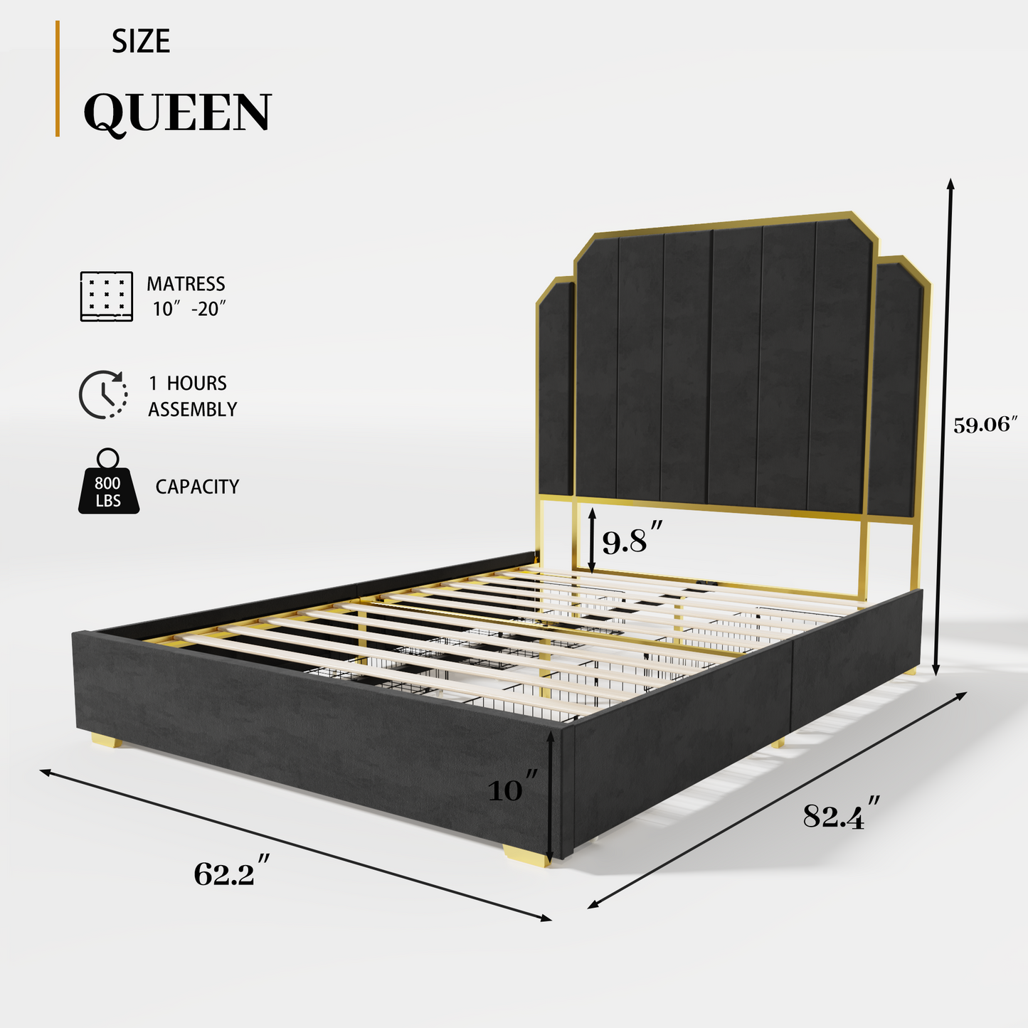 Queen Size Bed Frame and 59.06" Headboard, Upholstered Bed with Golden Plating Trim, Modern Platform Bed No Box Spring Needed, Black