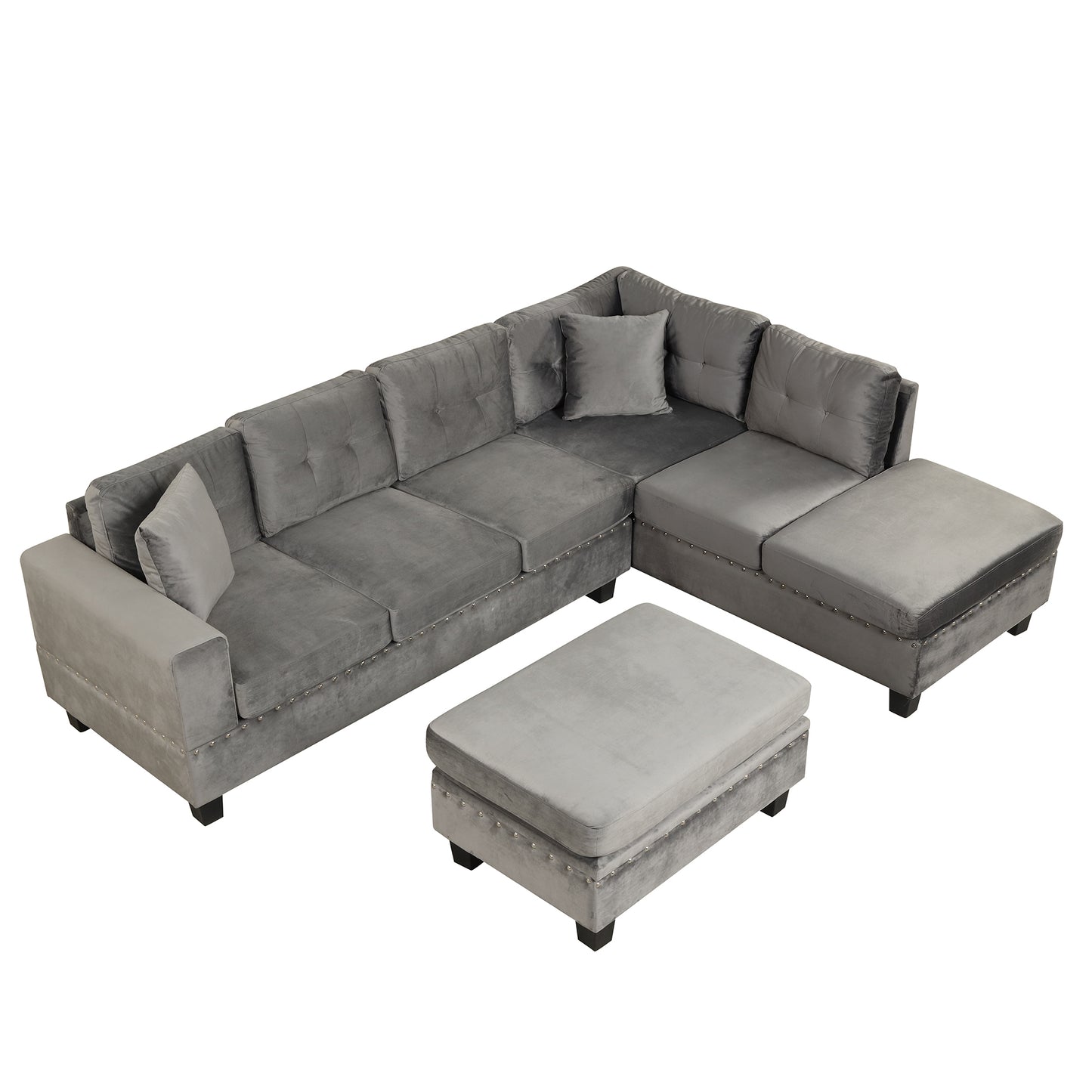 105" Modern Sectional Sofa with Storage Ottoman, L-Shape Couch with 2 Pillows and Cup Holder,Sectional Sofa with Reversible Chaise for Living Room,Gray