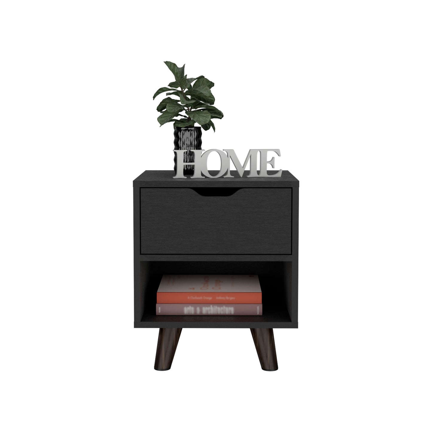 Modern Nightstand 19"H with Spacious Drawer, Open Storage Shelf and Chic Wooden Legs, Black