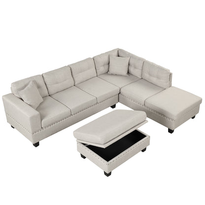 105" Modern Sectional Sofa with Storage Ottoman, L-Shape Couch with 2 Pillows and Cup Holder,Sectional Sofa with Reversible Chaise for Living Room,Light Gray