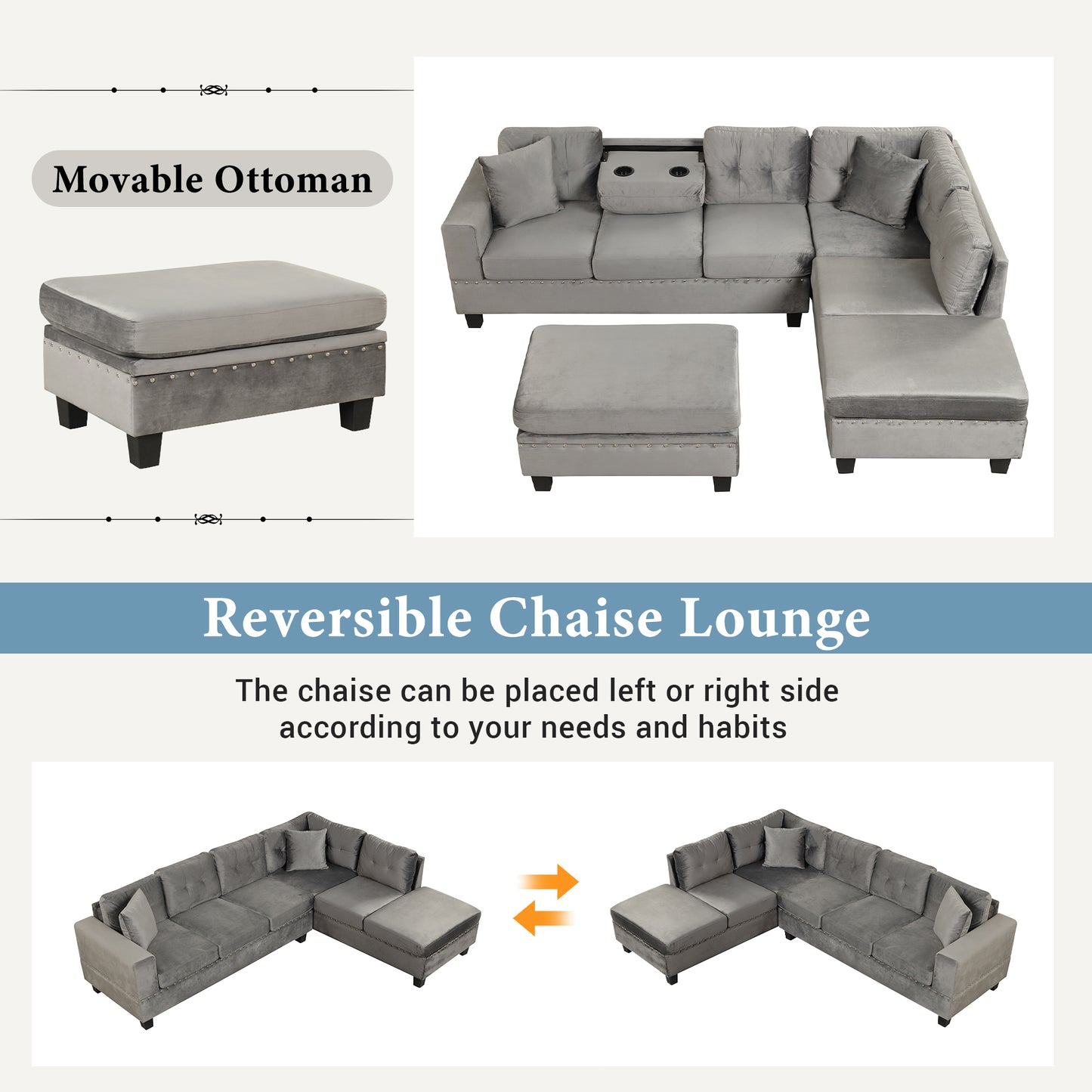 105" Modern Sectional Sofa with Storage Ottoman, L-Shape Couch with 2 Pillows and Cup Holder,Sectional Sofa with Reversible Chaise for Living Room,Gray