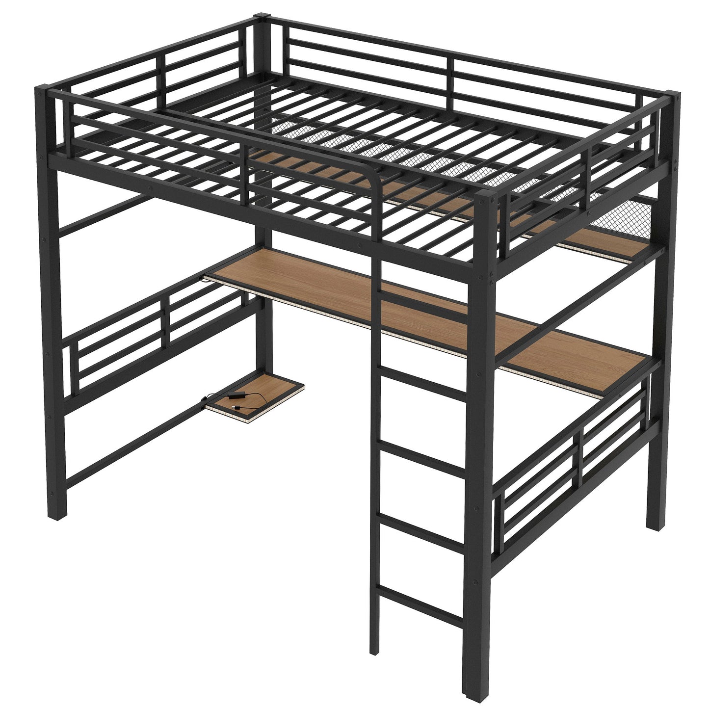 Full Size Metal Loft Bed Frame with Storage Shelf and LED Light, Black Iron Mesh, Durable MDF Desk, 77.6''L x 54''W x 72.4''H