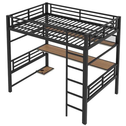 Full Size Metal Loft Bed Frame with Storage Shelf and LED Light, Black Iron Mesh, Durable MDF Desk, 77.6''L x 54''W x 72.4''H