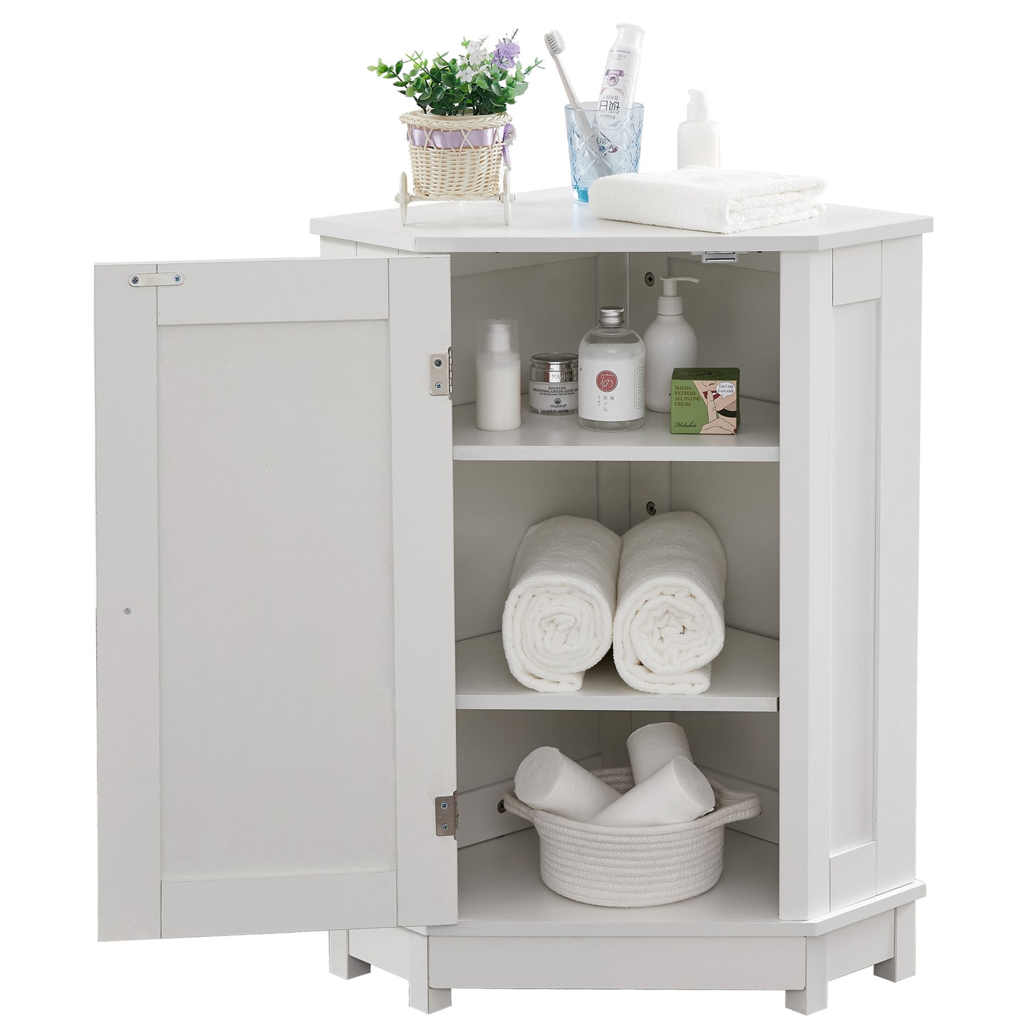 White Bathroom Cabinet Triangle Corner Storage Cabinet with Adjustable Shelf Modern Style MDF Board (Old SKU:WF291477AAK)