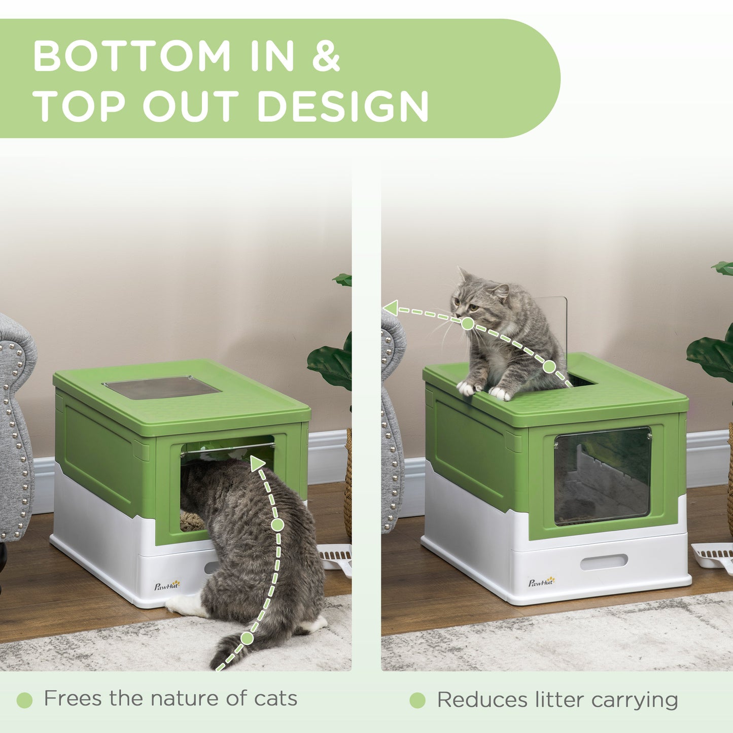 PawHut Fully Enclosed Cat Litter Box with Scoop, Hooded Cat Litter House with Drawer Type Tray, Foldable Smell Proof Cat Potty with Front Entry, Top Exit, Large Space, Yellowish Green