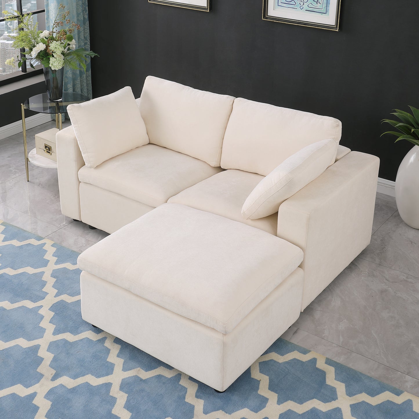 68.5" Loveseat Sofa with Ottoman Modular Sectional Love Seat Couch Small L Shaped Upholstered Couch for Living Room Apartment Small Space, Chenille  Beige