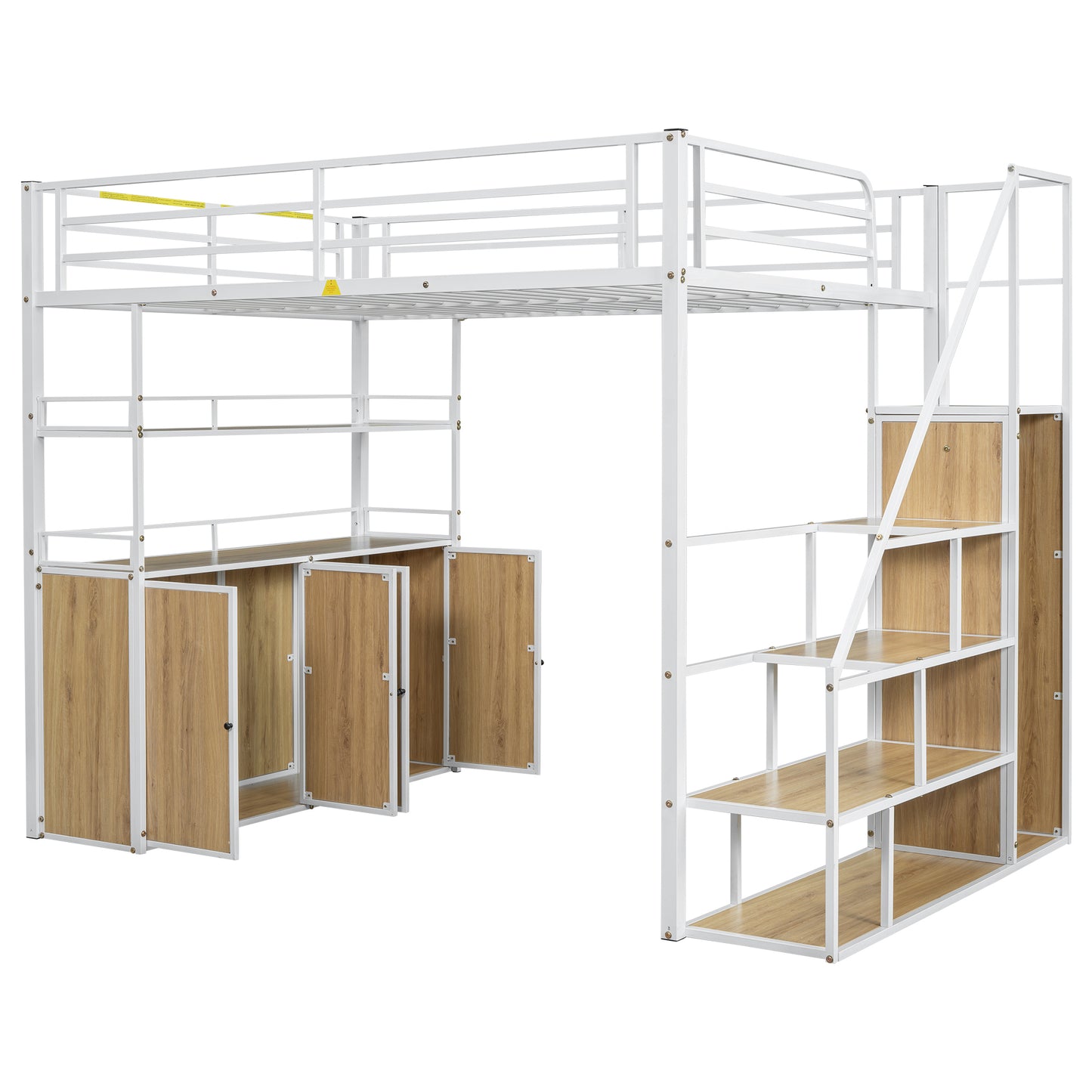 Full Size Metal Loft Bed with Storage Staircase, Wardrobe, Shelves, and Lockers in White with Natural MDF Details
