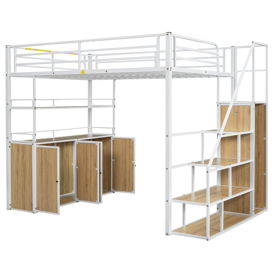 Full Size Metal Loft Bed with Storage Staircase, Wardrobe, Shelves, and Lockers in White with Natural MDF Details