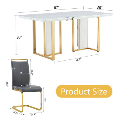 Table and chair set.67"x36" White marble pattern MDF Dining Table Set with 8 Dark Gray PU Chairs.MDF sticker,White marble pattern sticker,Gold C-tube chair legs,Suitable for kitchen,Dining room,etc.