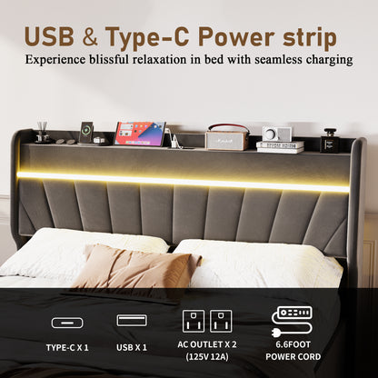 Queen Lift Up Storage Bed Frame with Charging Stationand LED Light, Wingback Upholstered Platform Bed Frame, Wooden Slats Support, No Box Spring Needed, Noise-Free, Dark Gray