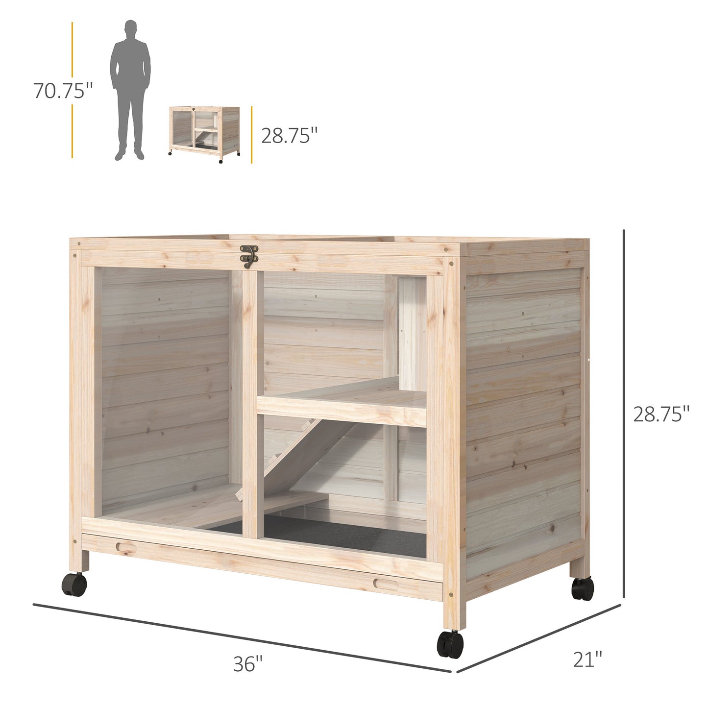 PawHut Indoor Rabbit Hutch with Wheels, Desk and Side Table Sized, Wood Rabbit Cage, Waterproof Small Rabbit Cage, Natural