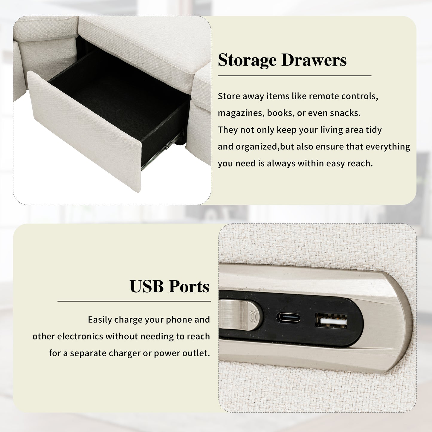 89" Power Recliner Sectional Sofa Home Theater Reclining Sofa with Two USB Ports, Two Storage Drawers for Living Room, Beige